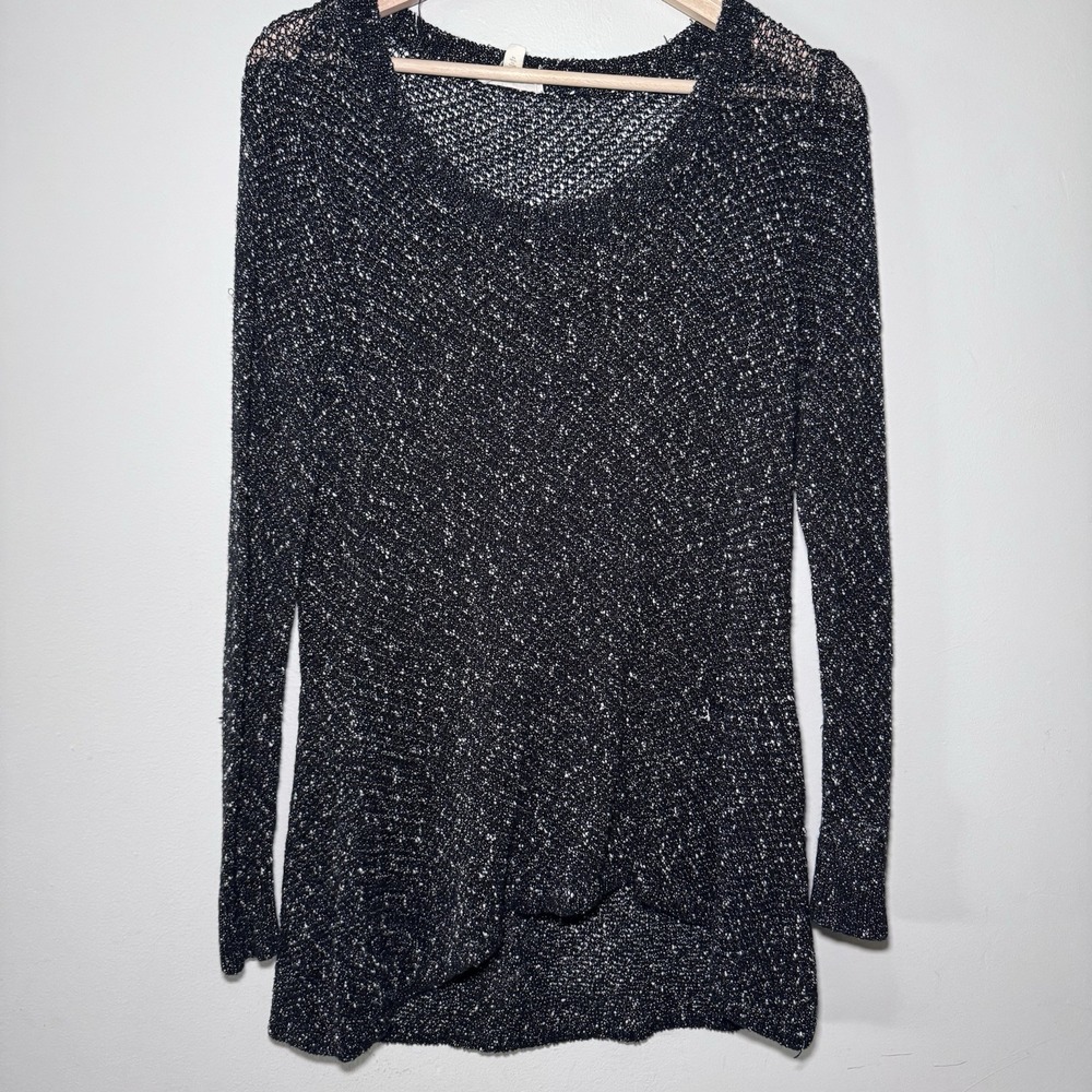 EILEEN FISHER Sweater L Cotton Linen Sheer Speckled Long Sleeve Pullover‎ Black